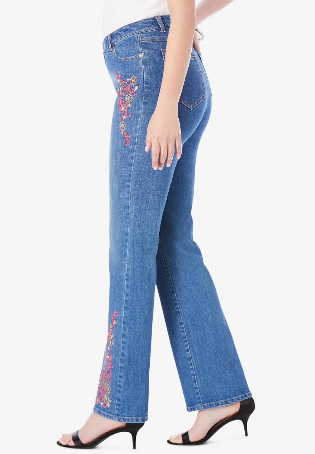 Roaman's Women's Plus Size Invisible Stretch Two-Tone Embroidered Bootcut Jeans