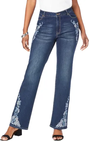 Roaman's Women's Plus Size Invisible Stretch Two-Tone Embroidered Bootcut Jeans