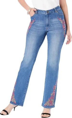 Roaman's Women's Plus Size Invisible Stretch Two-Tone Embroidered Bootcut Jeans