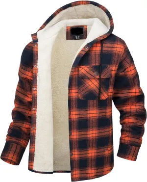 Sherpa Plaid Jacket for Men Hooded Plaid Jackets Fleece Lined Cardigan with Pocket Insulated Thermal Winter Outerwear