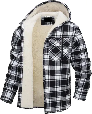 Sherpa Plaid Jacket for Men Hooded Plaid Jackets Fleece Lined Cardigan with Pocket Insulated Thermal Winter Outerwear