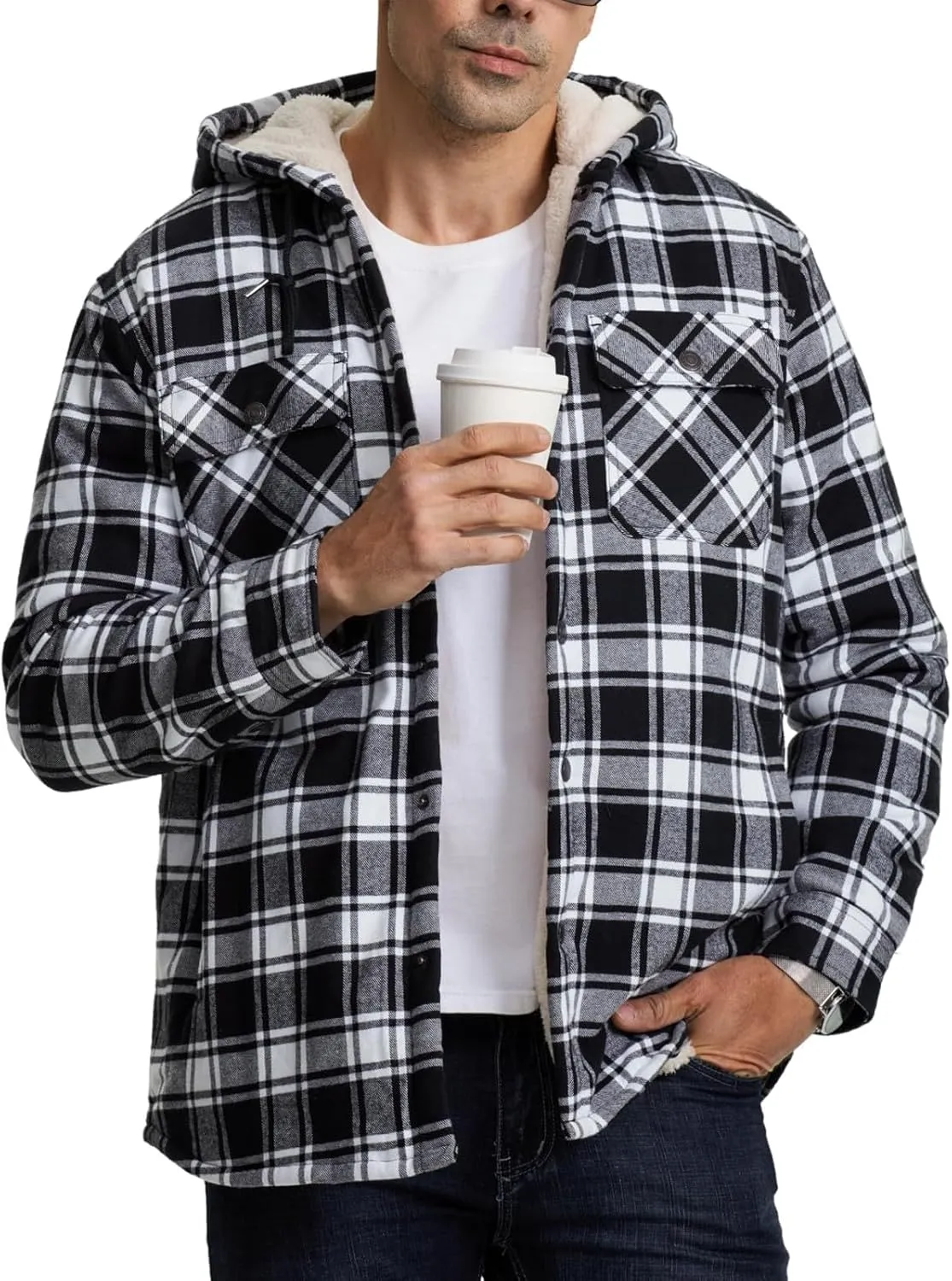 Sherpa Plaid Jacket for Men Hooded Plaid Jackets Fleece Lined Cardigan with Pocket Insulated Thermal Winter Outerwear
