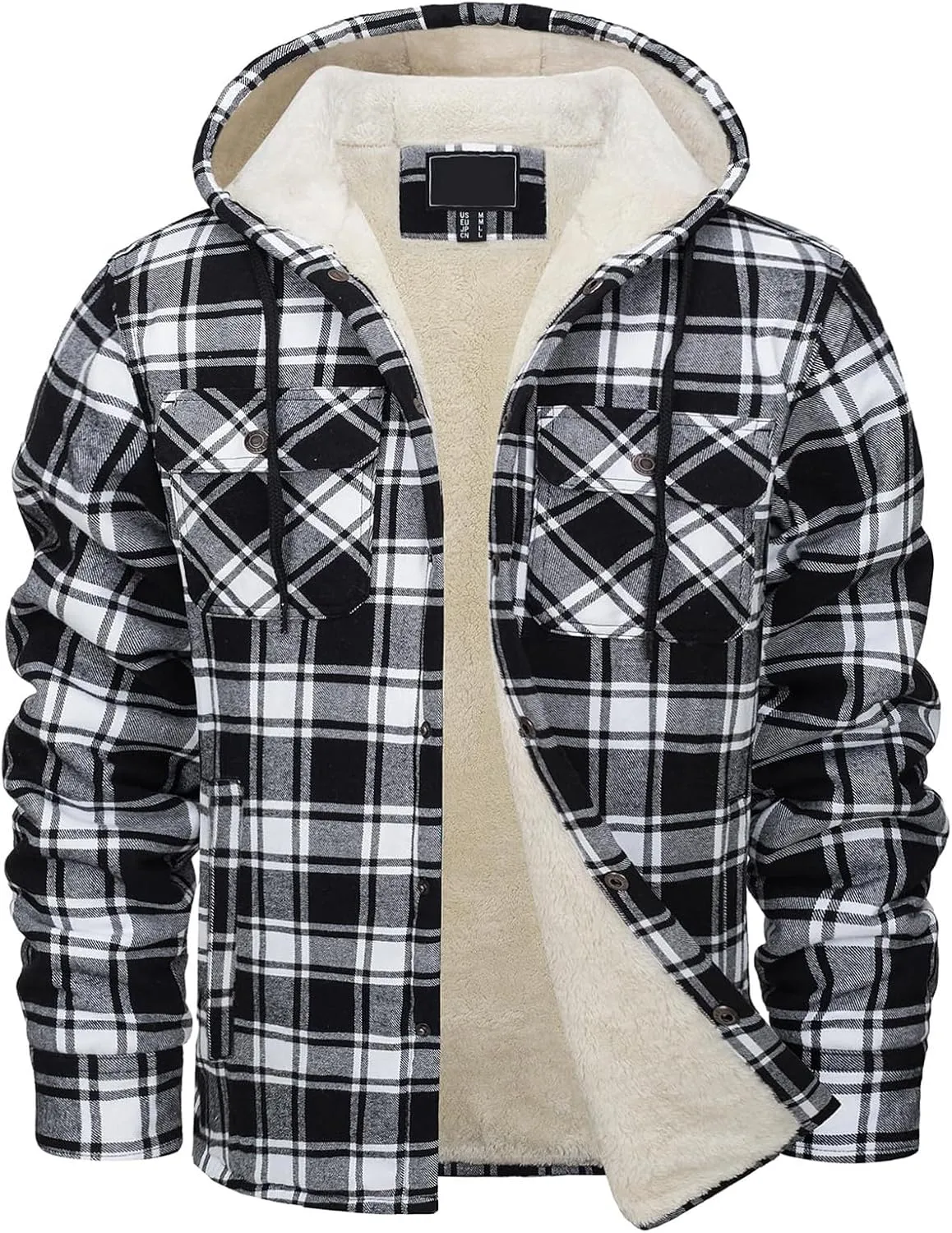 Sherpa Plaid Jacket for Men Hooded Plaid Jackets Fleece Lined Cardigan with Pocket Insulated Thermal Winter Outerwear