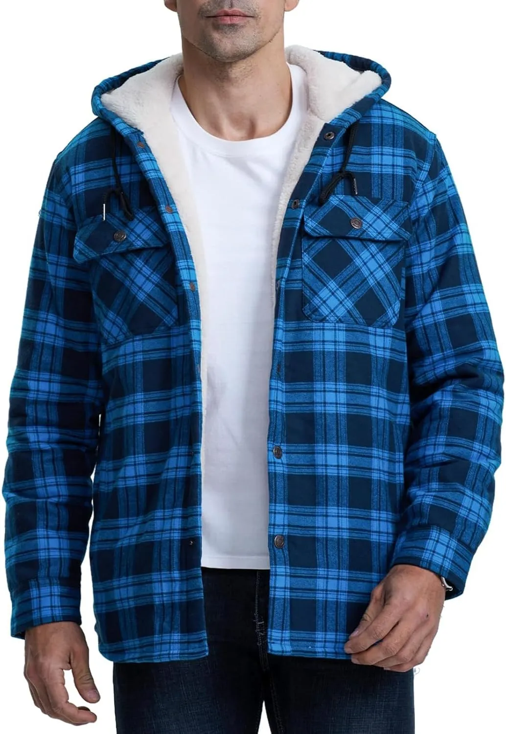Sherpa Plaid Jacket for Men Hooded Plaid Jackets Fleece Lined Cardigan with Pocket Insulated Thermal Winter Outerwear