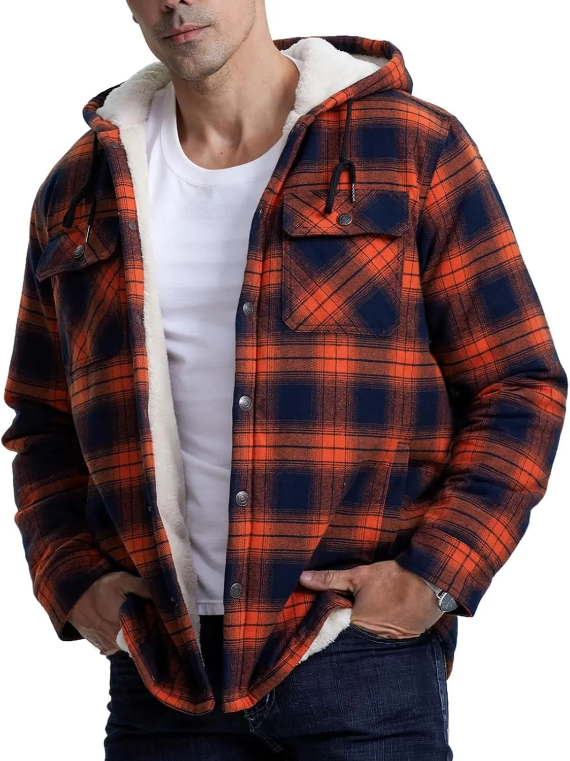 Sherpa Plaid Jacket for Men Hooded Plaid Jackets Fleece Lined Cardigan with Pocket Insulated Thermal Winter Outerwear