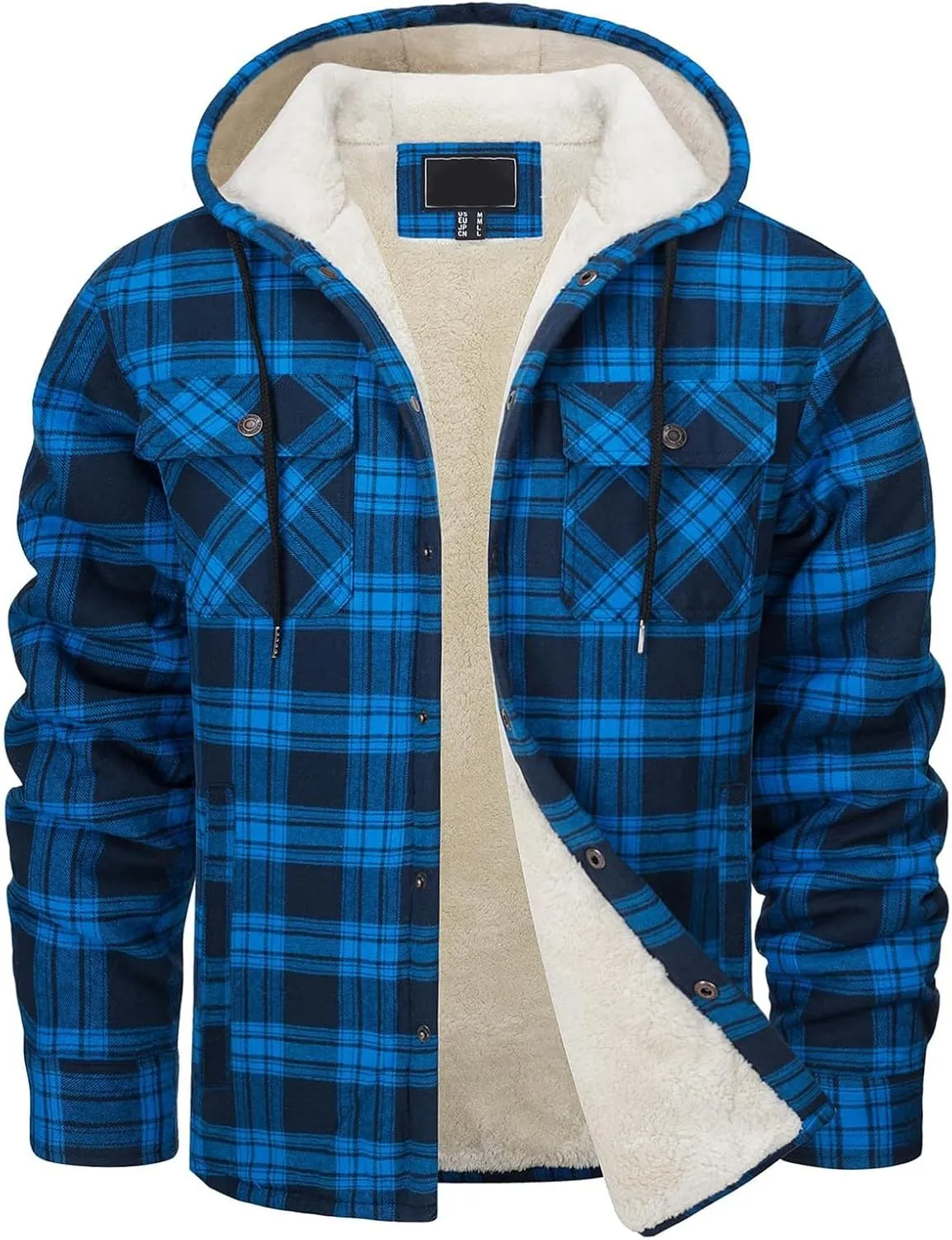 Sherpa Plaid Jacket for Men Hooded Plaid Jackets Fleece Lined Cardigan with Pocket Insulated Thermal Winter Outerwear