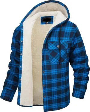 Sherpa Plaid Jacket for Men Hooded Plaid Jackets Fleece Lined Cardigan with Pocket Insulated Thermal Winter Outerwear