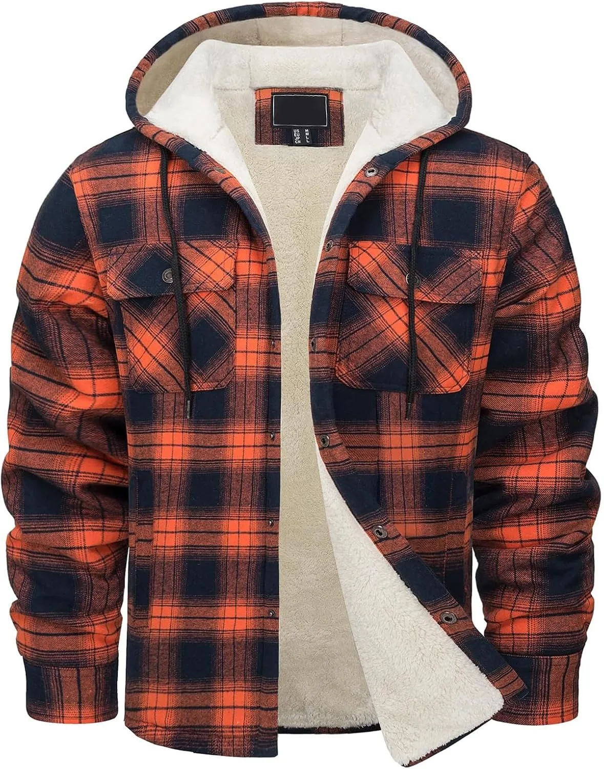 Sherpa Plaid Jacket for Men Hooded Plaid Jackets Fleece Lined Cardigan with Pocket Insulated Thermal Winter Outerwear