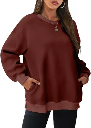 SHOPESSA Oversized Sweatshirt for Women Fall Outfits Crewneck Pullover with Pockets Sweatshirt with Slit Sides
