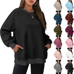 SHOPESSA Oversized Sweatshirt for Women Fall Outfits Crewneck Pullover with Pockets Sweatshirt with Slit Sides