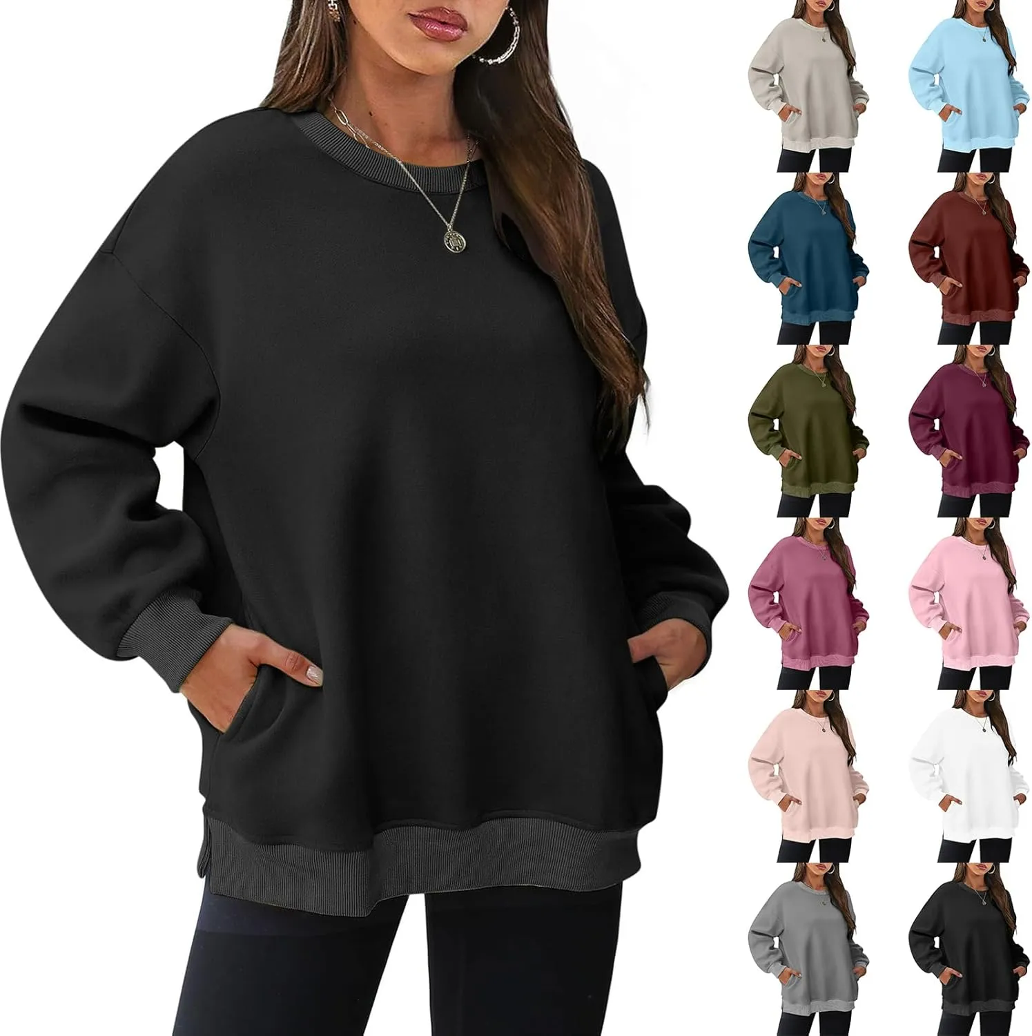 SHOPESSA Oversized Sweatshirt for Women Fall Outfits Crewneck Pullover with Pockets Sweatshirt with Slit Sides
