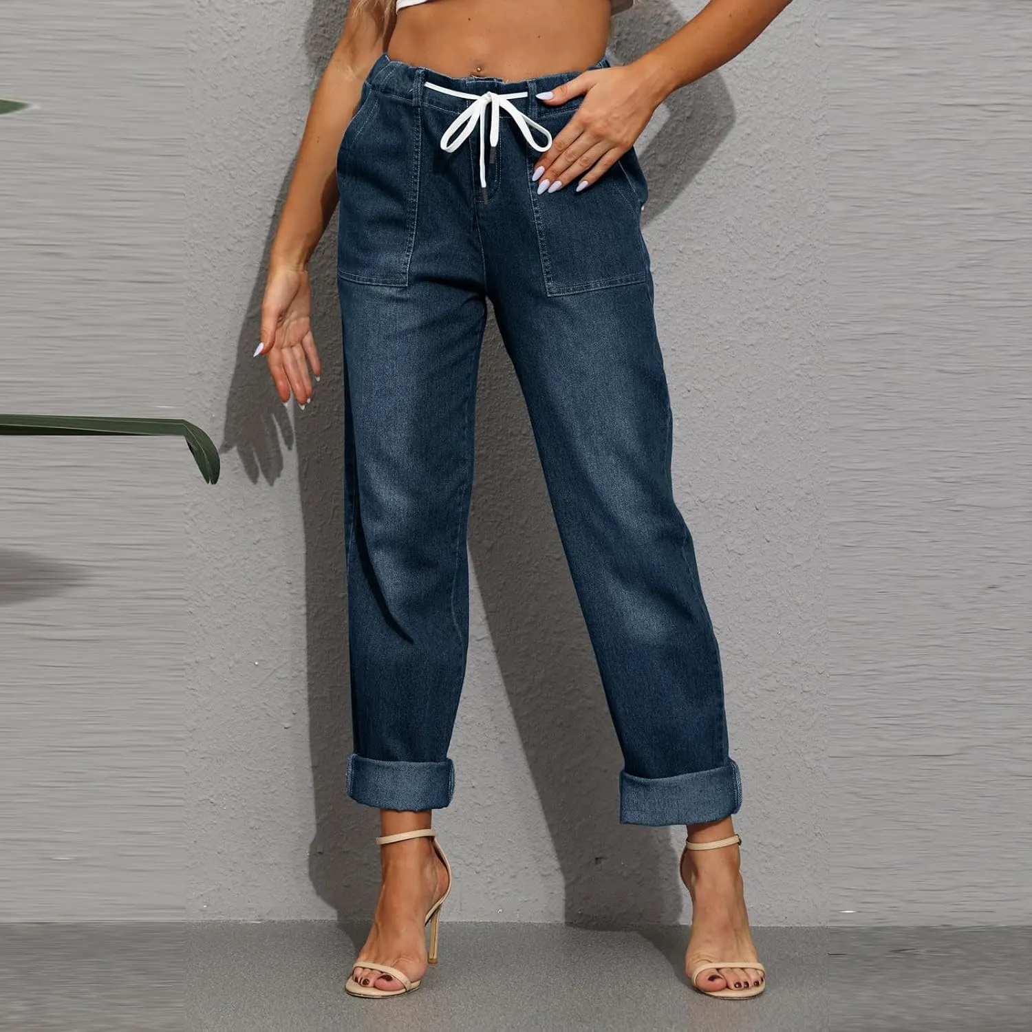 Straight Leg Jeans for Women Business Casual Elastic Waist Jeans Relaxed Fit Comfy Tapered Denim Pants with Pockets