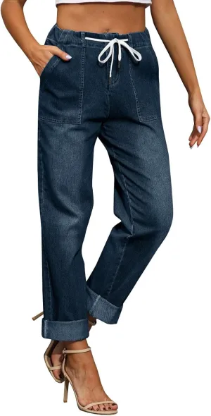 Straight Leg Jeans for Women Business Casual Elastic Waist Jeans Relaxed Fit Comfy Tapered Denim Pants with Pockets