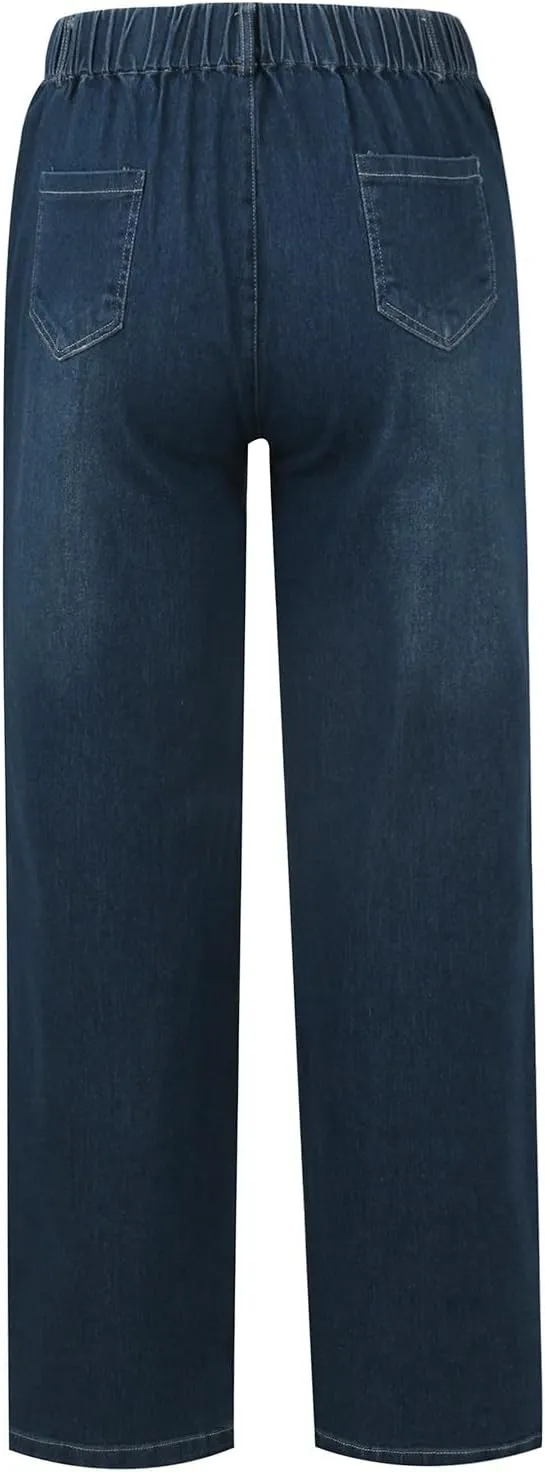Straight Leg Jeans for Women Business Casual Elastic Waist Jeans Relaxed Fit Comfy Tapered Denim Pants with Pockets