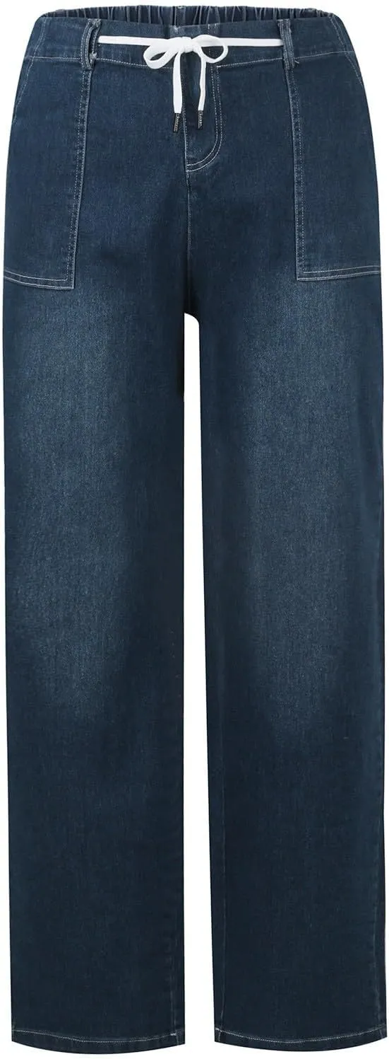 Straight Leg Jeans for Women Business Casual Elastic Waist Jeans Relaxed Fit Comfy Tapered Denim Pants with Pockets