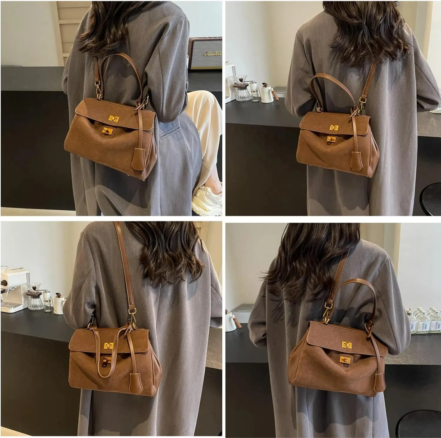 Suede Tote Bag for Women, Womens Purse Slouchy Hobo Handbag Brown Retro Top Handle Bag, Fashion Shoulder Satchel Work Bags