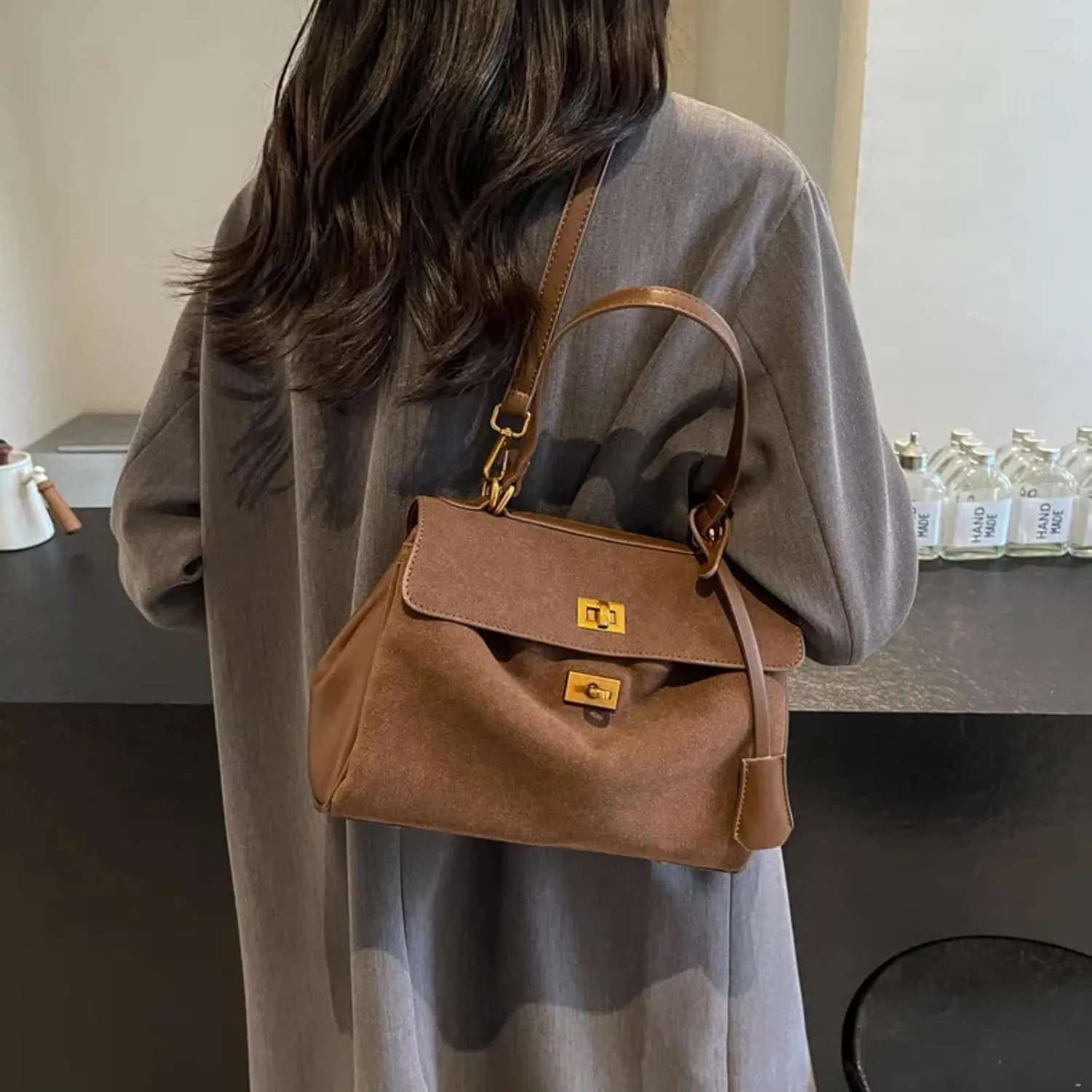 Suede Tote Bag for Women, Womens Purse Slouchy Hobo Handbag Brown Retro Top Handle Bag, Fashion Shoulder Satchel Work Bags