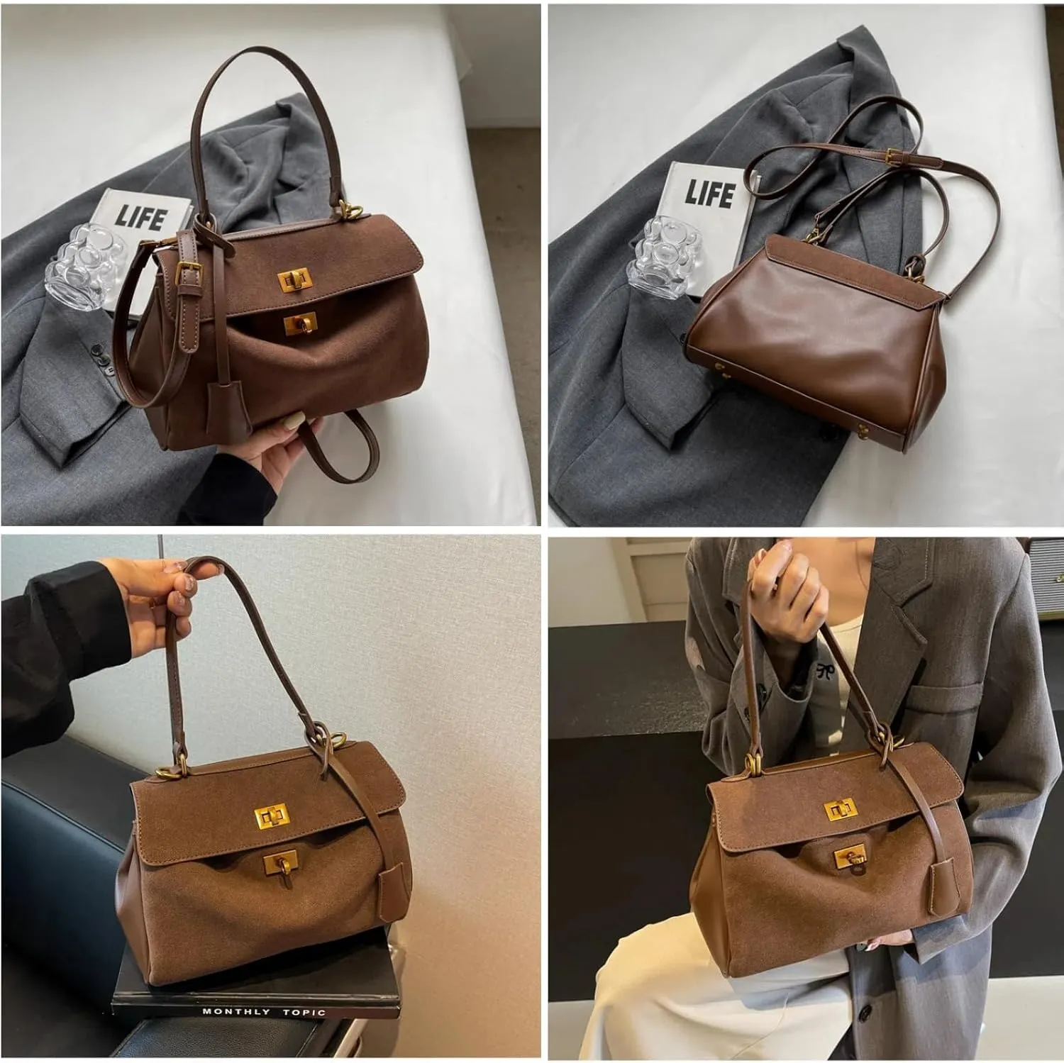 Suede Tote Bag for Women, Womens Purse Slouchy Hobo Handbag Brown Retro Top Handle Bag, Fashion Shoulder Satchel Work Bags