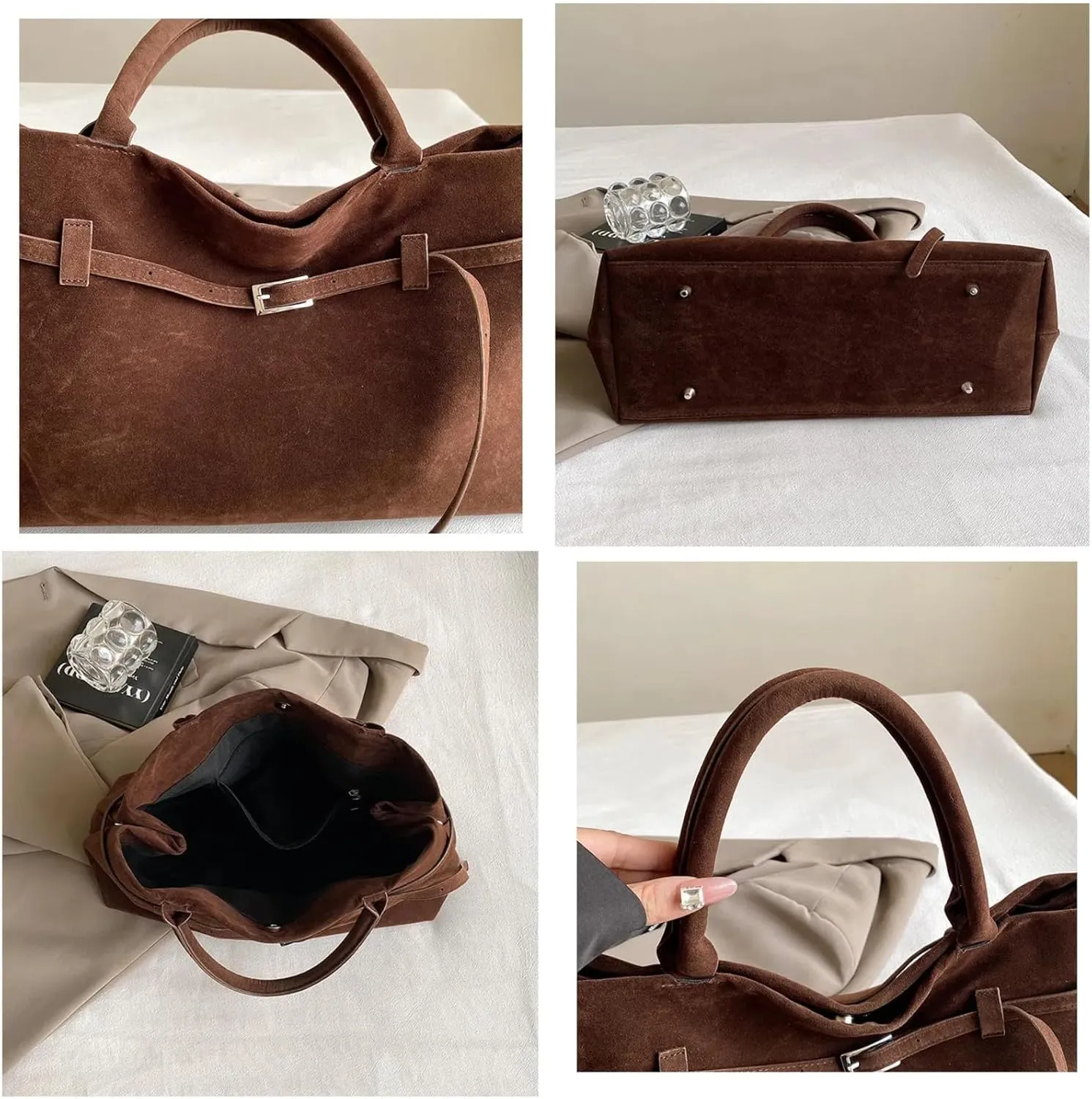 Suede Tote Bag for Women, Womens Purse Slouchy Hobo Handbag Brown Retro Top Handle Bag, Fashion Shoulder Satchel Work Bags