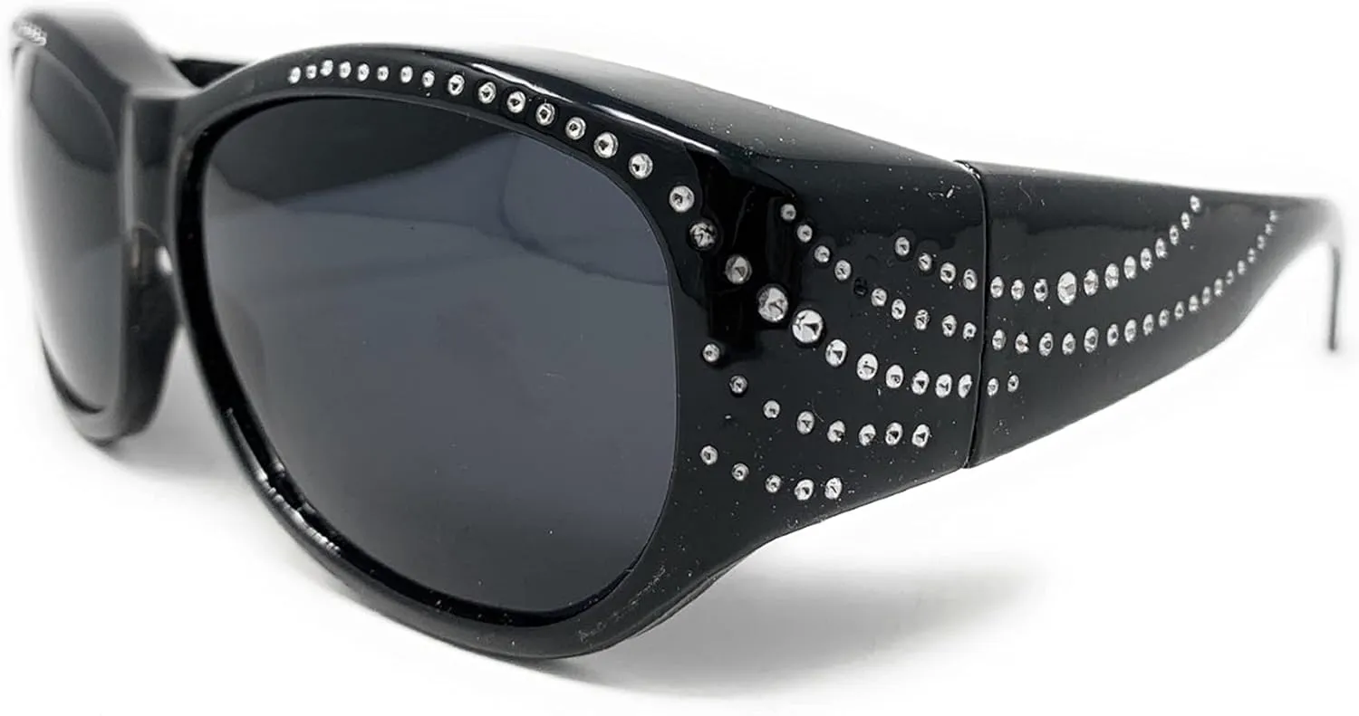 The Ritzy Polarized 60 mm Fit Over OTG Rhinestone Oval Wrap Around Sunglasses, Put Over Glasses for Women