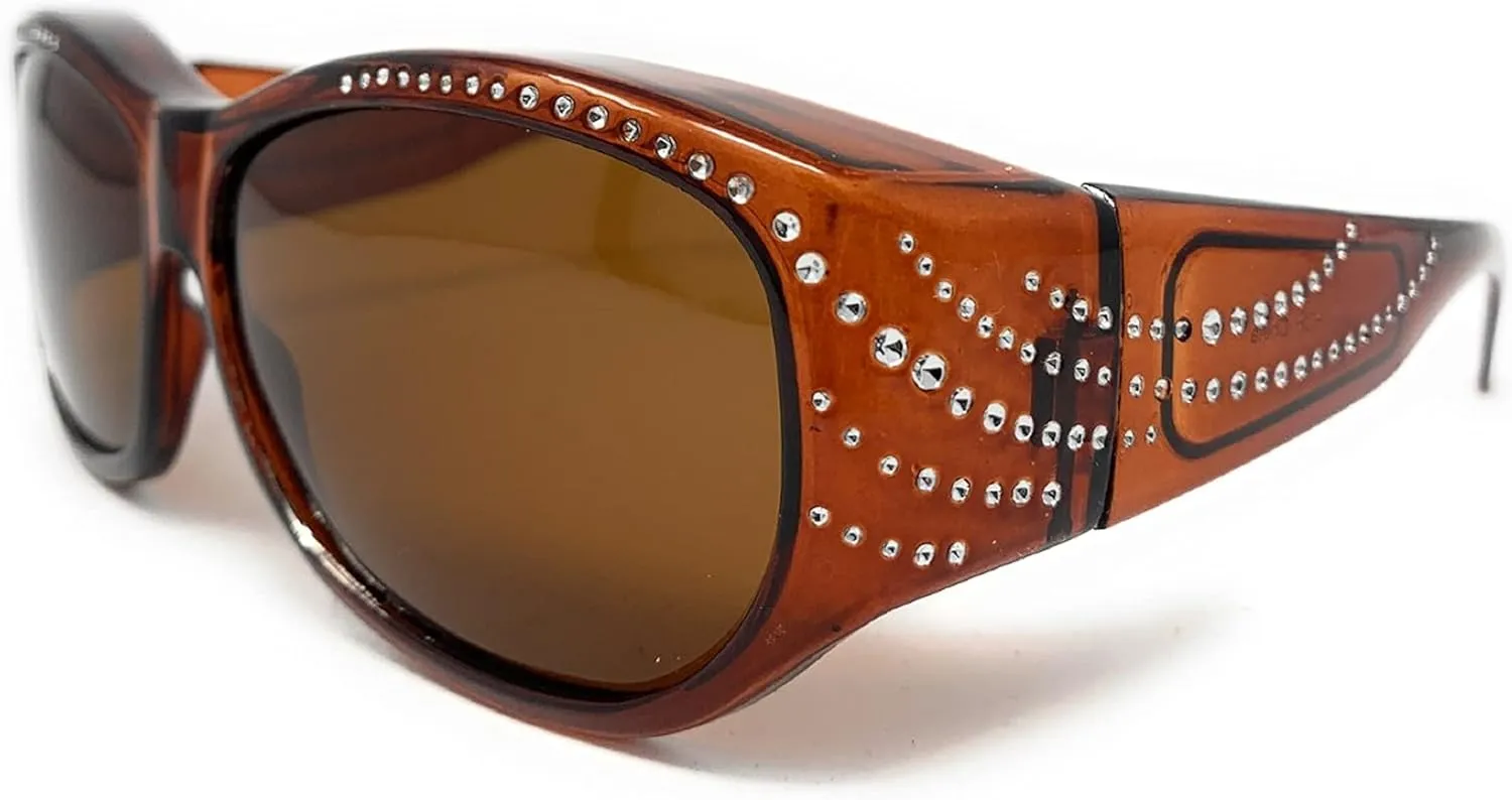 The Ritzy Polarized 60 mm Fit Over OTG Rhinestone Oval Wrap Around Sunglasses, Put Over Glasses for Women