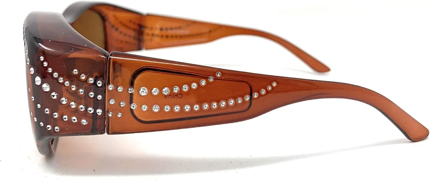 The Ritzy Polarized 60 mm Fit Over OTG Rhinestone Oval Wrap Around Sunglasses, Put Over Glasses for Women