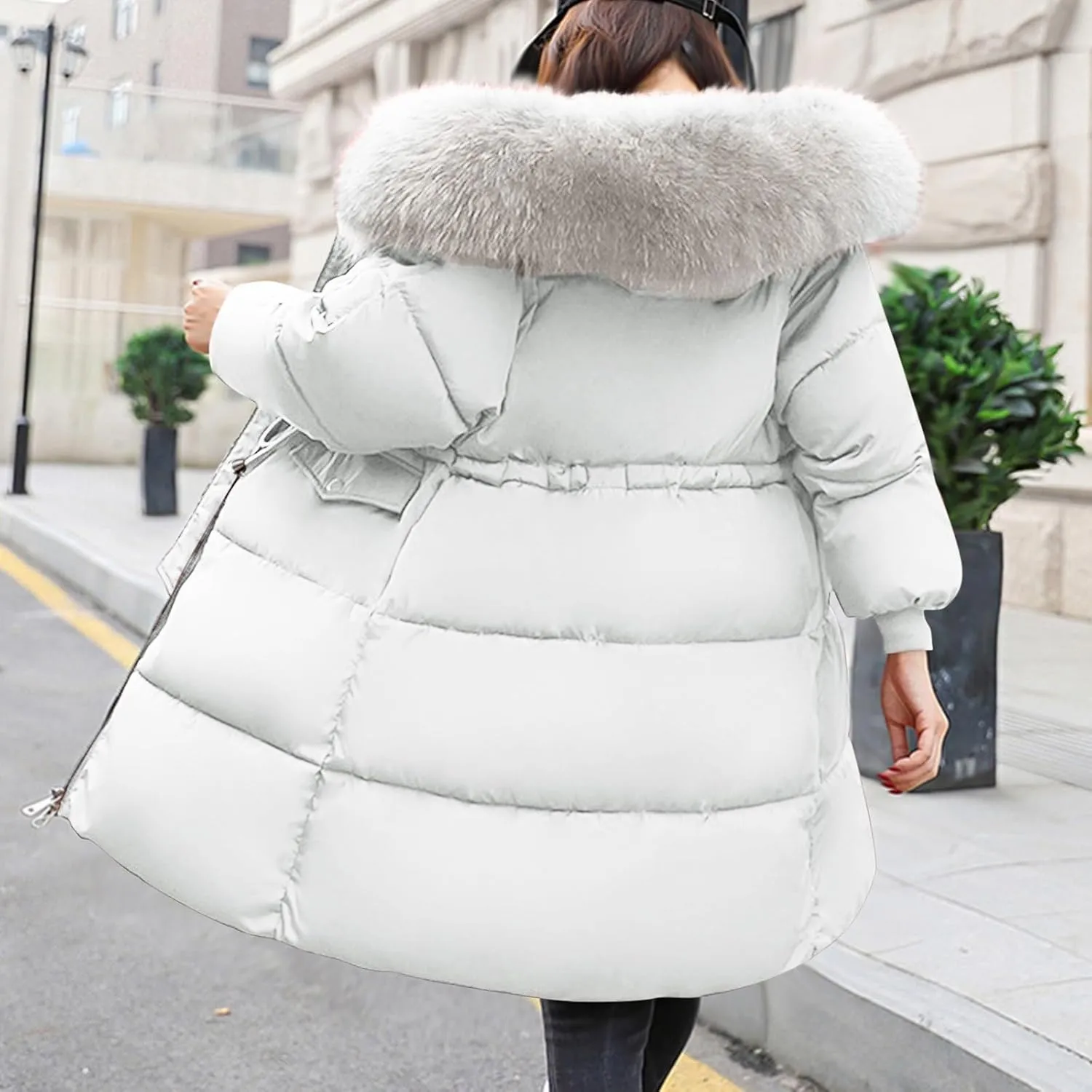 Thicken Puffer Jacket Womens Winter Warm Down Coats Fluffy Quilted Jackets Zip Up Puffer Coat Casual Fur Hood Outwear