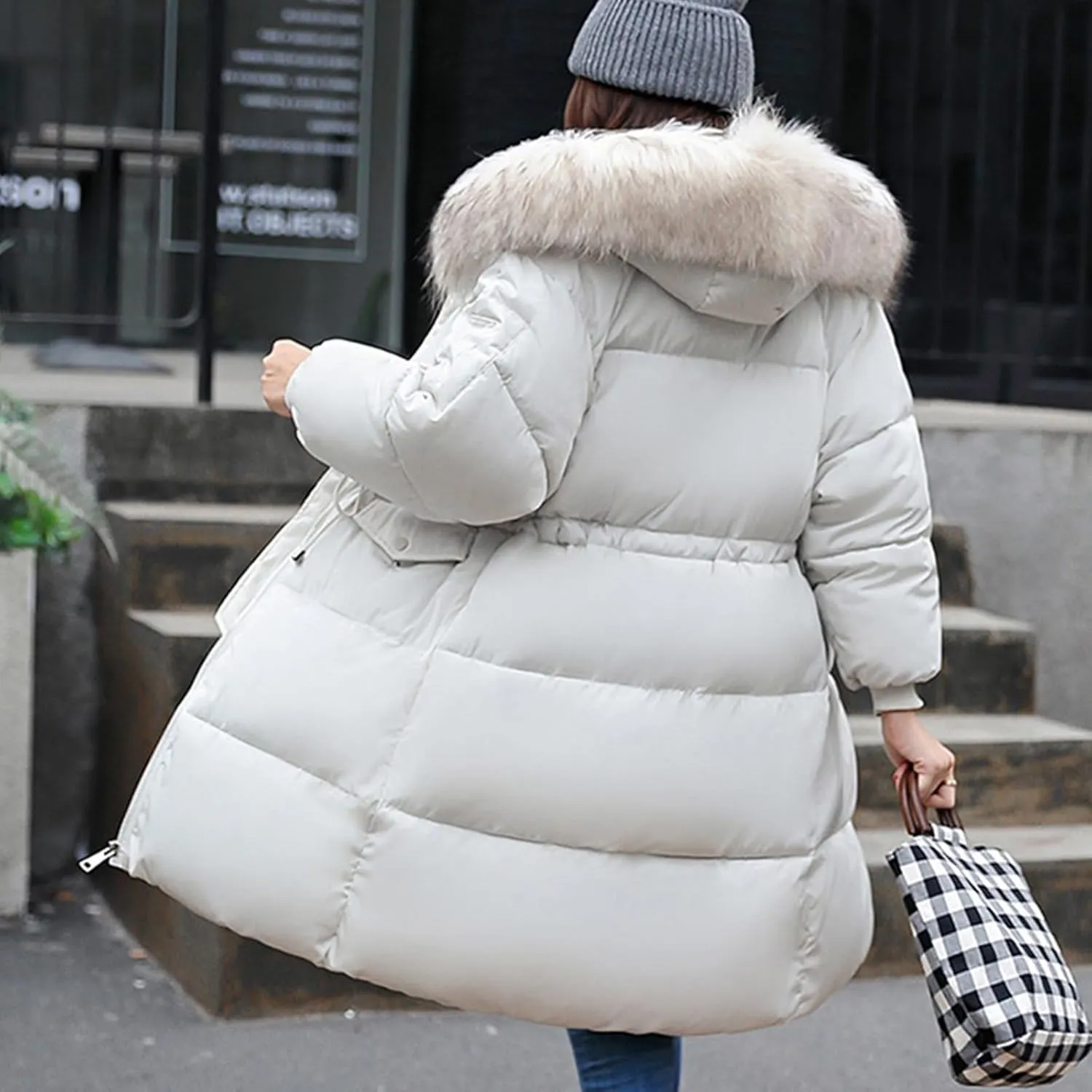 Thicken Puffer Jacket Womens Winter Warm Down Coats Fluffy Quilted Jackets Zip Up Puffer Coat Casual Fur Hood Outwear