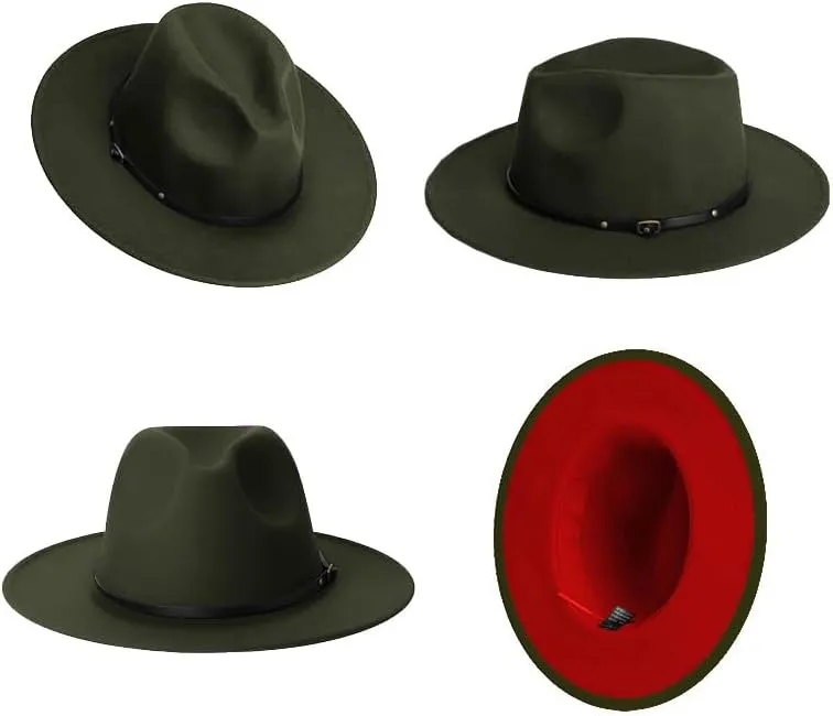 Tweed Panama Wide Brim Fedora Hat, Two Tone Colors, Two Sizes, with Leather Belt