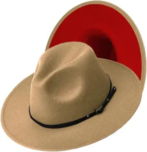 Tweed Panama Wide Brim Fedora Hat, Two Tone Colors, Two Sizes, with Leather Belt
