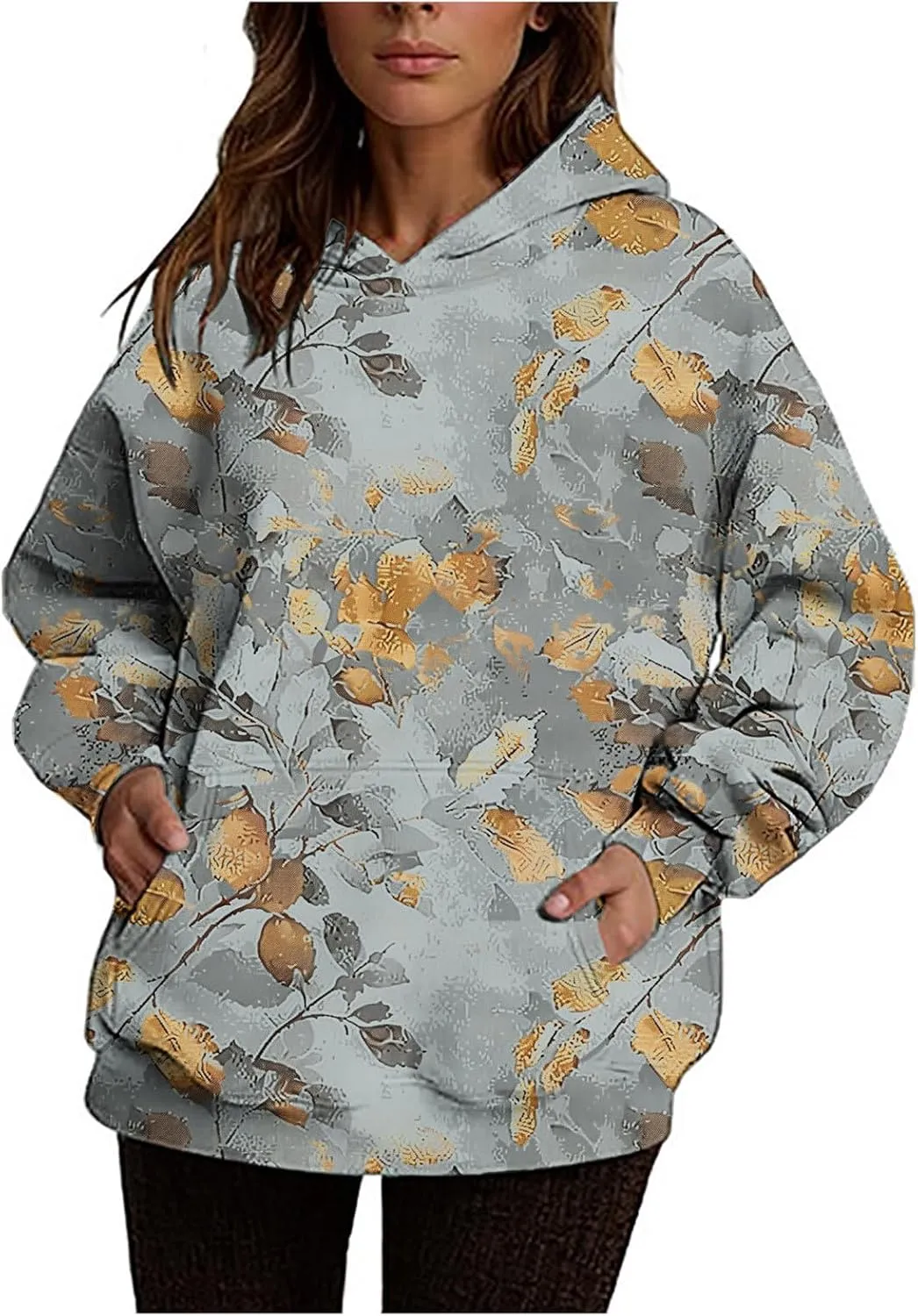 Vintage Camo Sweatshirt Women Maple Leaf Print Winter Fleece Hoodie Casual Long Sleeve Pullover with Kangaroo Pocket