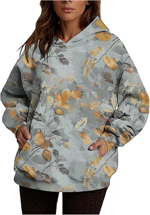 Vintage Camo Sweatshirt Women Maple Leaf Print Winter Fleece Hoodie Casual Long Sleeve Pullover with Kangaroo Pocket