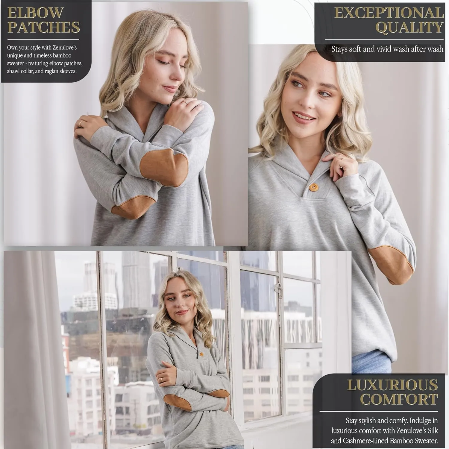 Viscose Shawl Collared Sweaters for Women Dressy Sweatshirts for Women Raglan Elbow Patch Pullover Oversized Sweater
