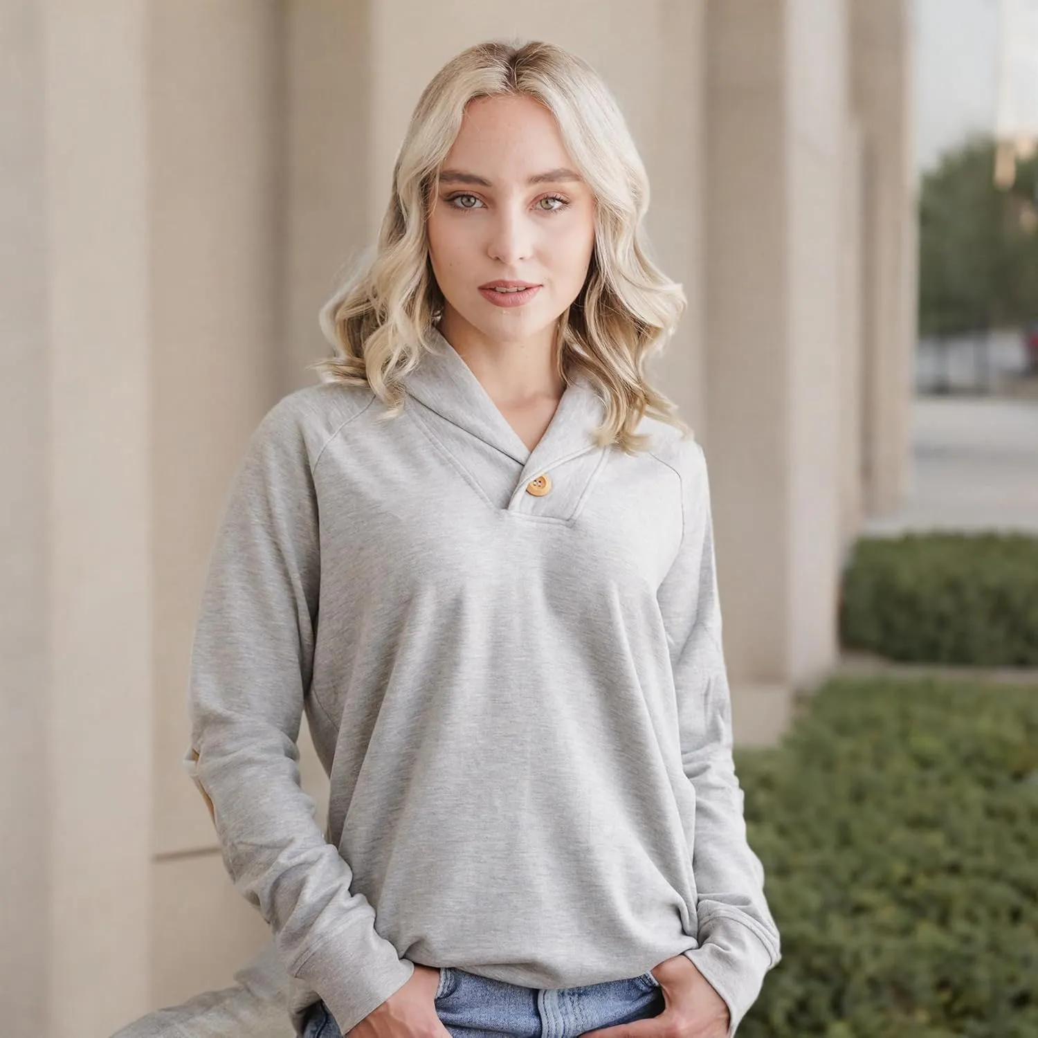 Viscose Shawl Collared Sweaters for Women Dressy Sweatshirts for Women Raglan Elbow Patch Pullover Oversized Sweater