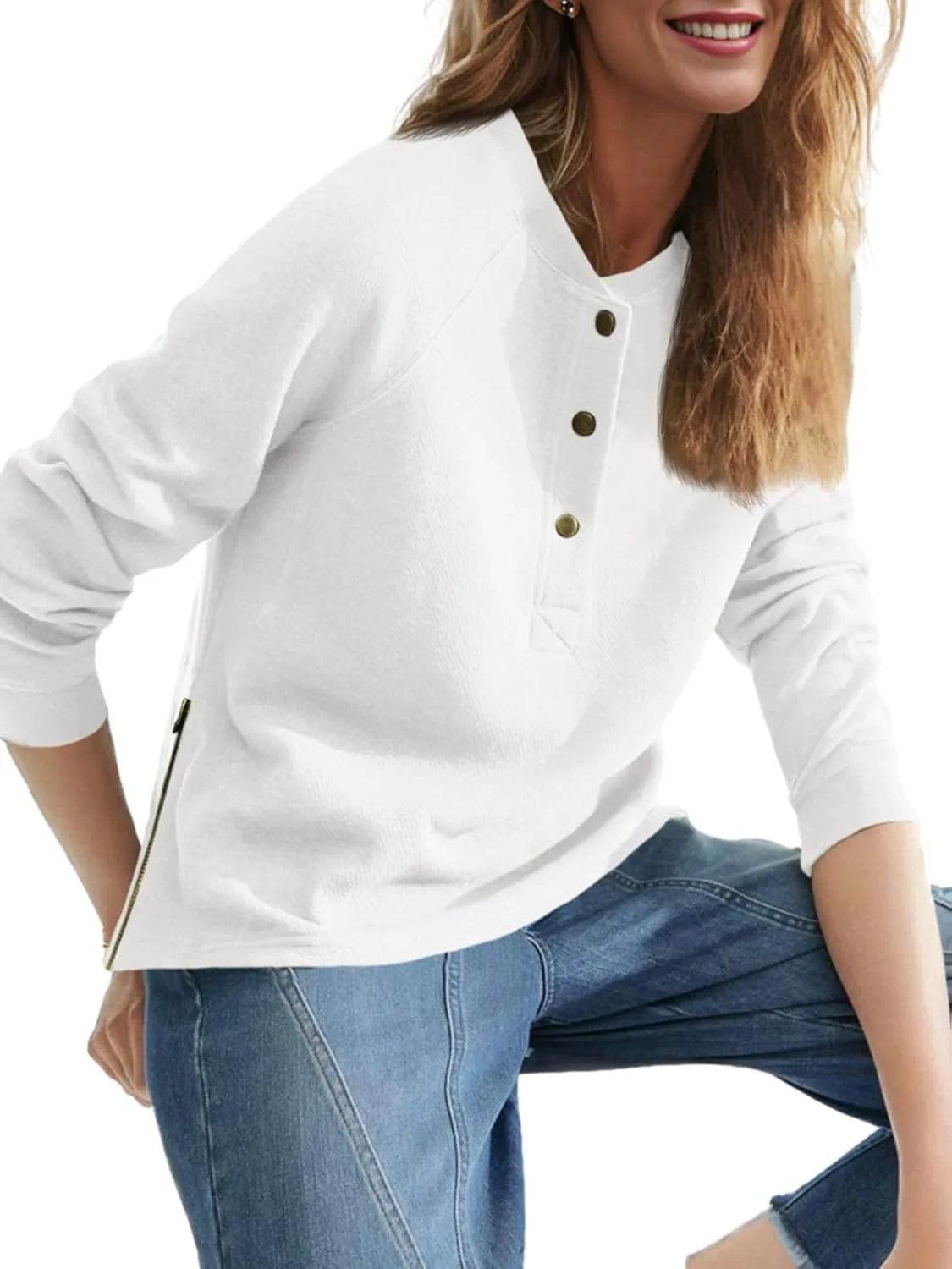 Wenrine Women's Long Sleeve Sweatshirts Half Button Crewneck Casual Raglan Side Zipper Split Pullover