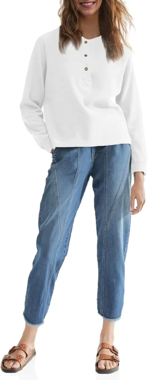 Wenrine Women's Long Sleeve Sweatshirts Half Button Crewneck Casual Raglan Side Zipper Split Pullover