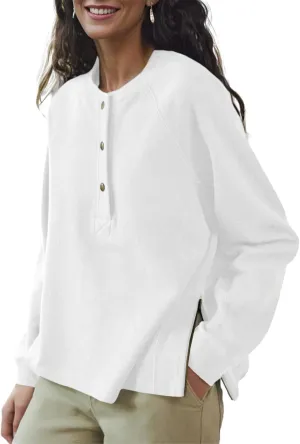 Wenrine Women's Long Sleeve Sweatshirts Half Button Crewneck Casual Raglan Side Zipper Split Pullover
