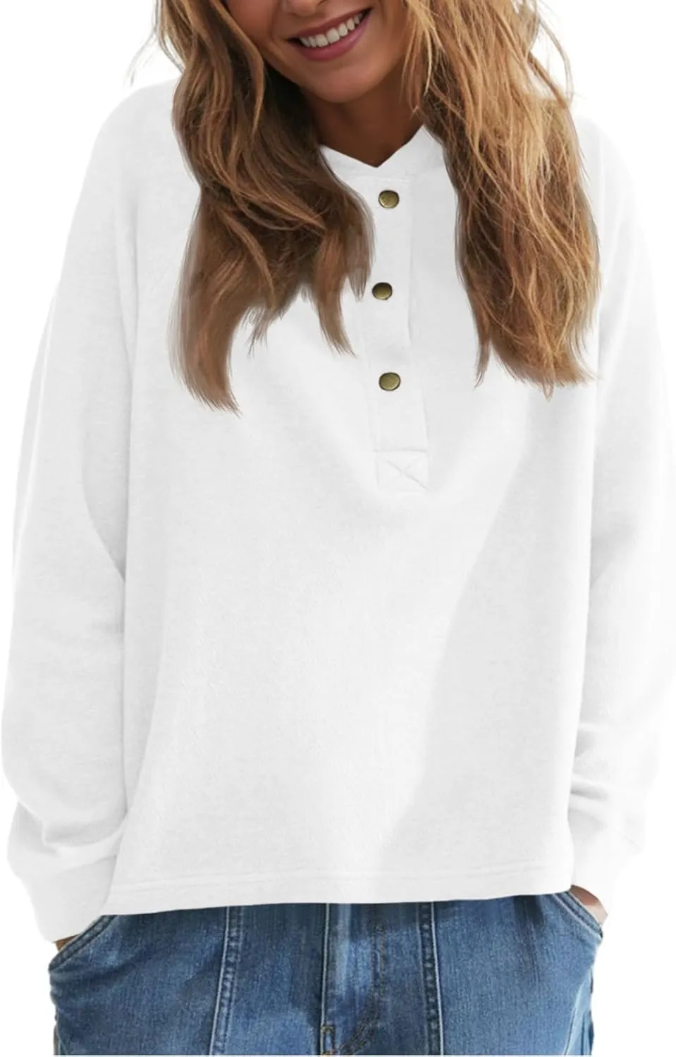Wenrine Women's Long Sleeve Sweatshirts Half Button Crewneck Casual Raglan Side Zipper Split Pullover