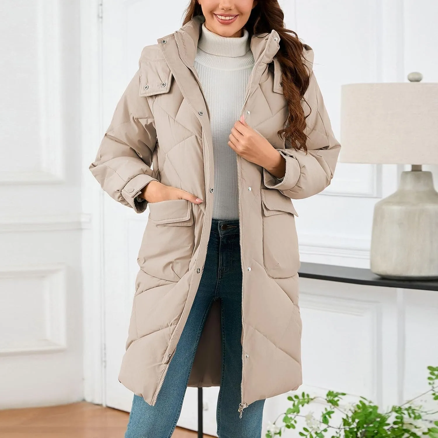 Winter Coats for Women 2024 Hooded Quilted Puffer Jackets Casual Warm Padded Coat Trendy Down Outerwear with Pockets