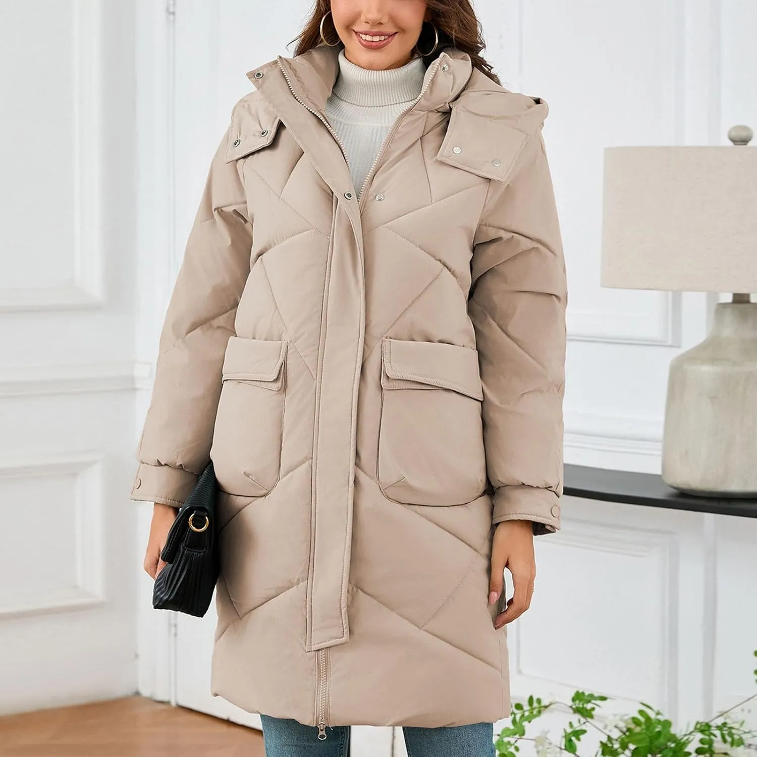 Winter Coats for Women 2024 Hooded Quilted Puffer Jackets Casual Warm Padded Coat Trendy Down Outerwear with Pockets