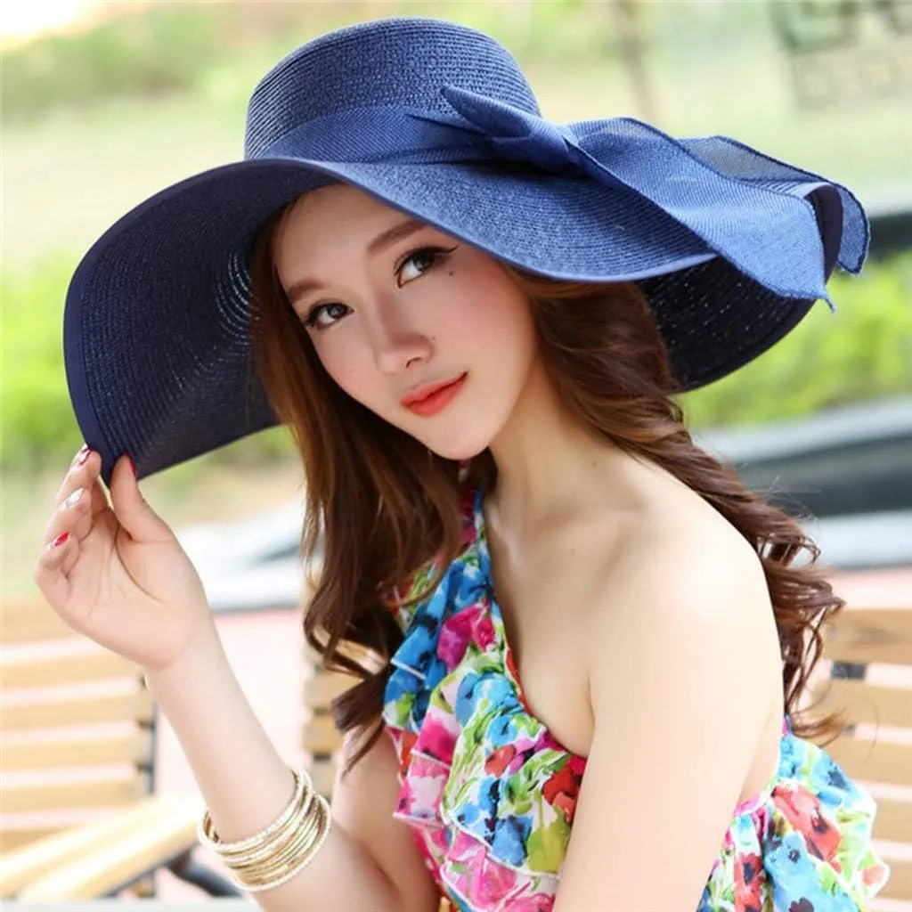 Women Big Brim Straw Hat Sun Floppy Wide Brim Hats New Bowknot Breathable Vintage Fashion Folding Beach caps Gym Clothing