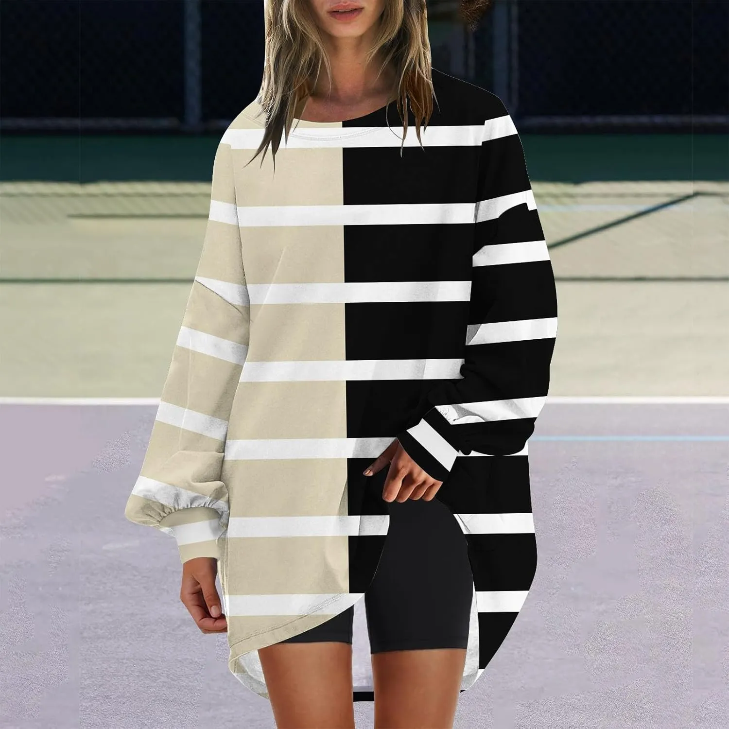 Women Oversized Striped Crewneck Sweatshirt Women's Large Round Neck Sports Oversize Lantern Sleeve Pullover