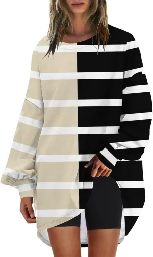 Women Oversized Striped Crewneck Sweatshirt Women's Large Round Neck Sports Oversize Lantern Sleeve Pullover