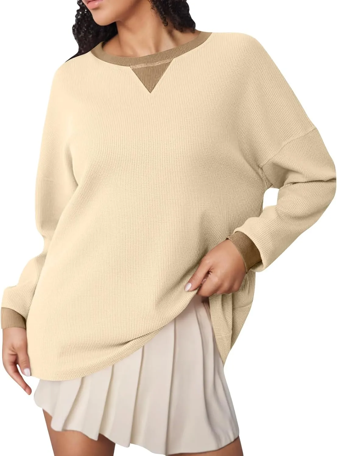 Women Oversized Sweatshirt Casual Long Sleeve Crewneck Waffle Knit Tops Trendy Loose Fall Tops Color Block Pullover