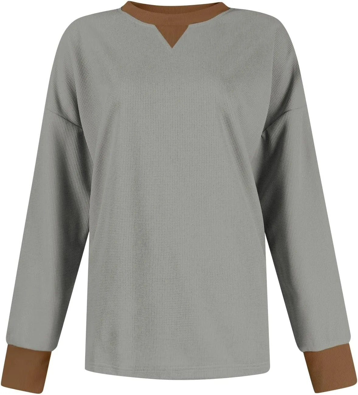 Women Oversized Sweatshirt Casual Long Sleeve Crewneck Waffle Knit Tops Trendy Loose Fall Tops Color Block Pullover