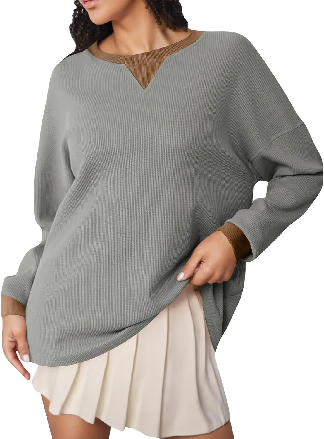 Women Oversized Sweatshirt Casual Long Sleeve Crewneck Waffle Knit Tops Trendy Loose Fall Tops Color Block Pullover