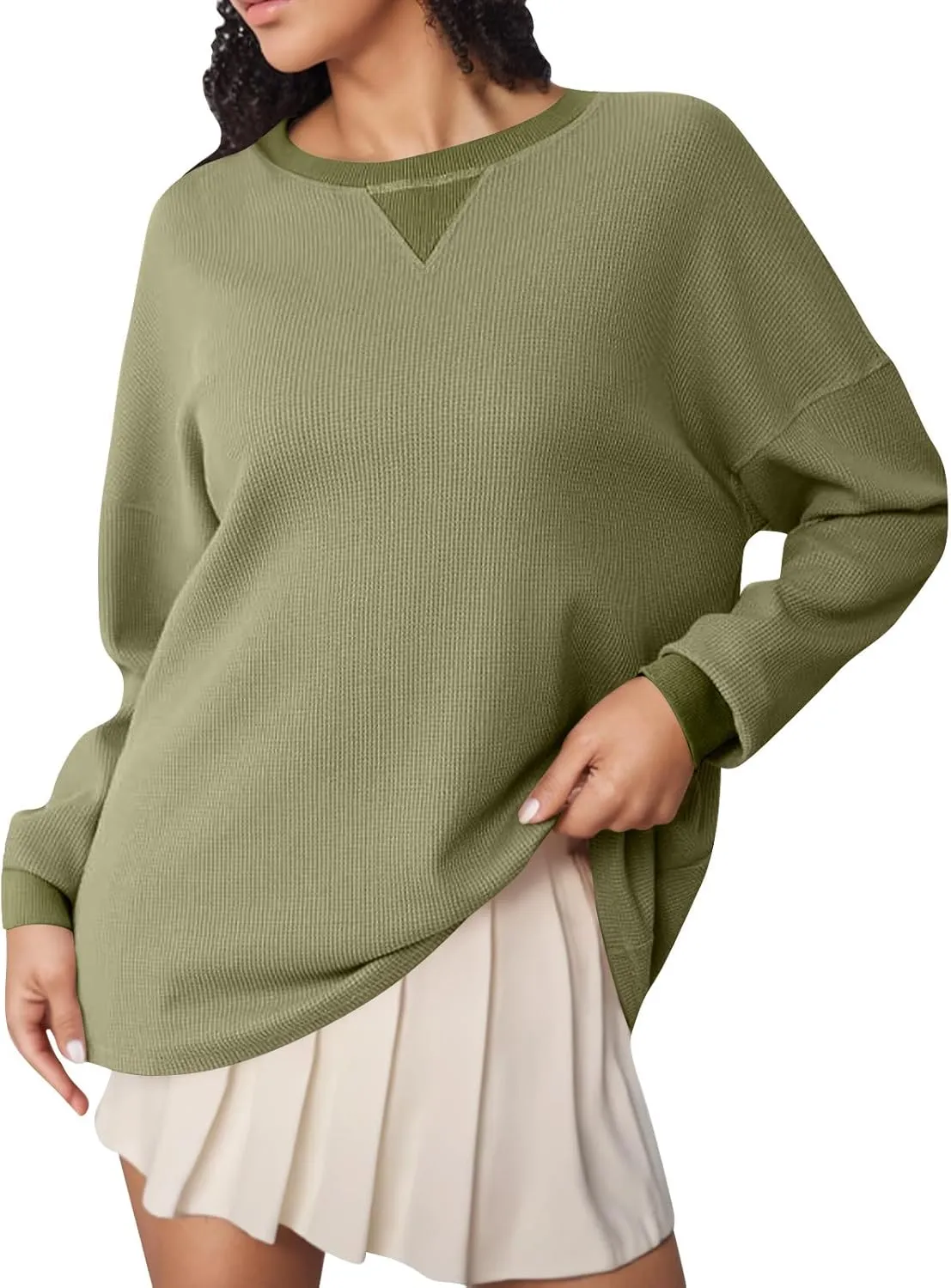 Women Oversized Sweatshirt Casual Long Sleeve Crewneck Waffle Knit Tops Trendy Loose Fall Tops Color Block Pullover
