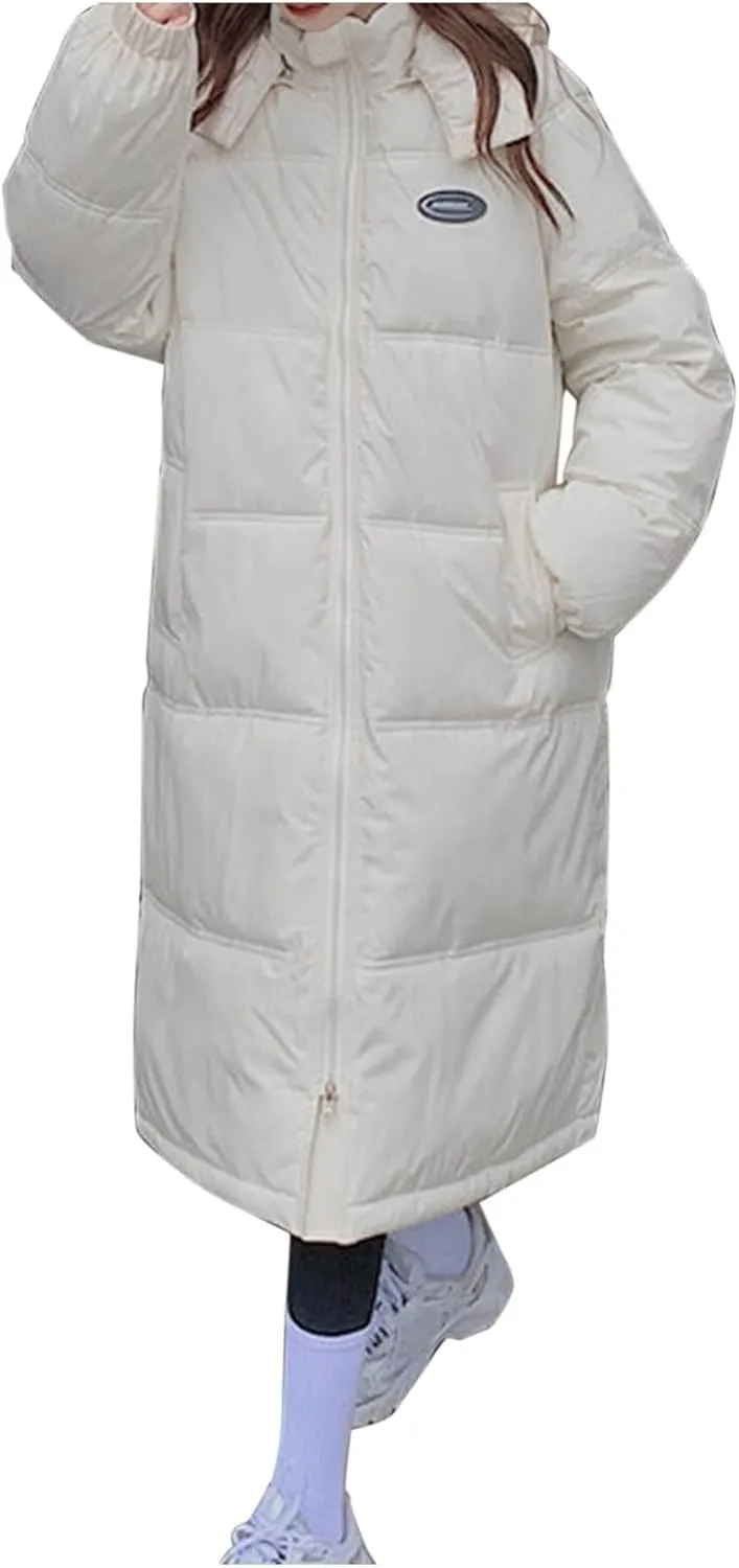 Women Puffer Jacket Cotton Clothes Solid Color Length Loose Jacket Hooded Windproof Comfortable Warm Down Cotton