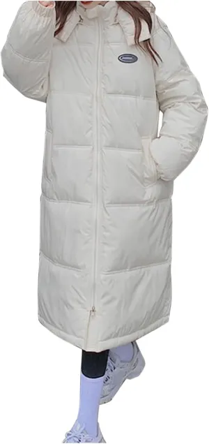 Women Puffer Jacket Cotton Clothes Solid Color Length Loose Jacket Hooded Windproof Comfortable Warm Down Cotton