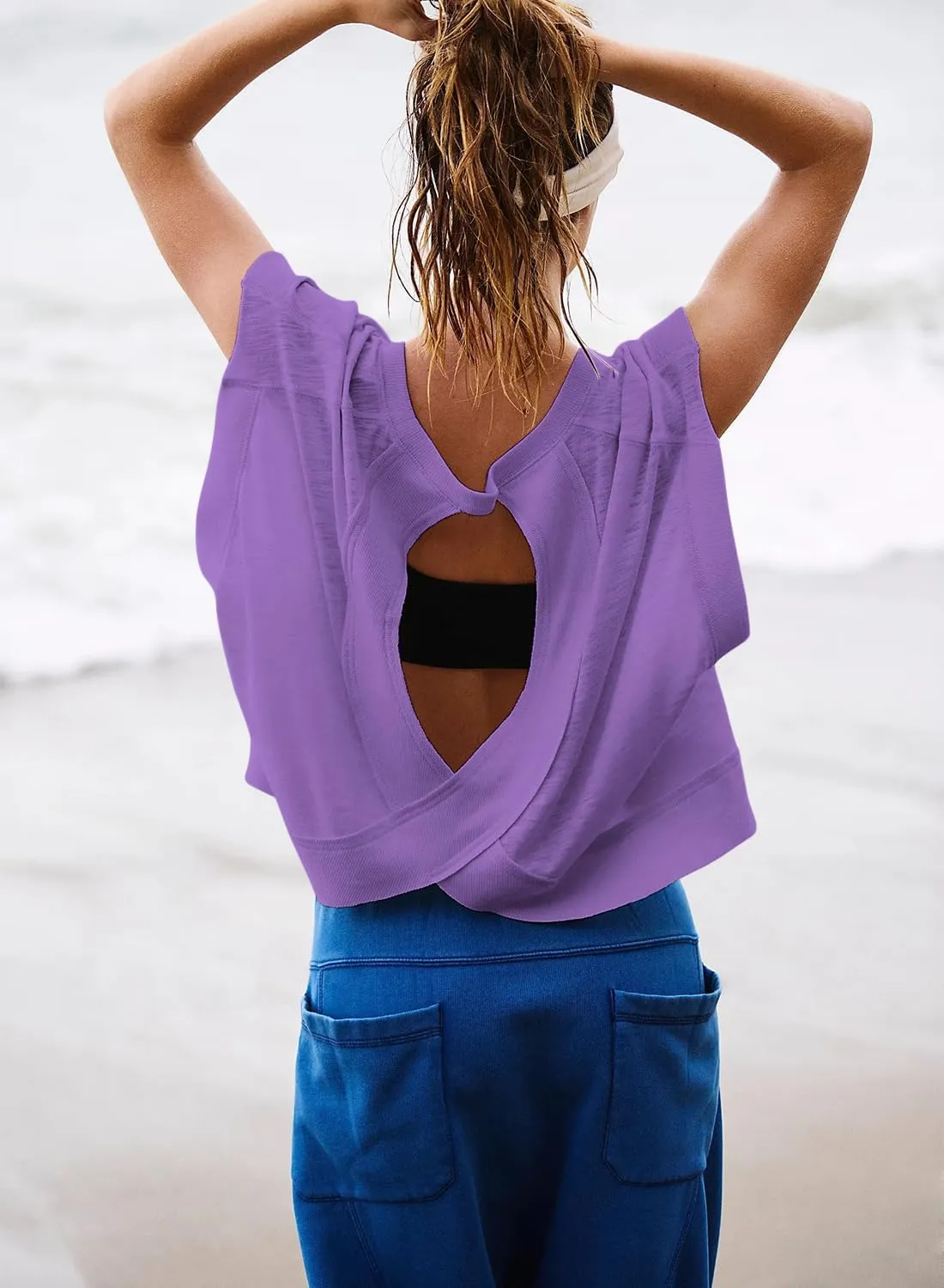 Women Short Sleeve Workout Shirts Open Back Tops Casual Yoga Y2k Athletic Gym Slouchy Crop Running Tees